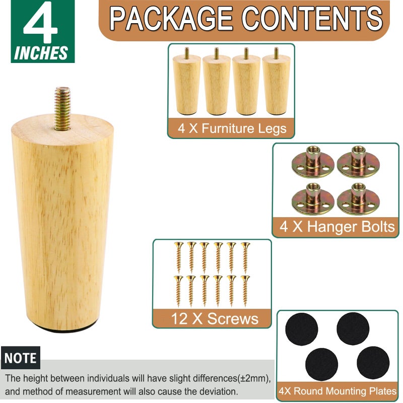 Yaliuliu 4 Inches Round Solid Wood Furniture Legs Set of 4, Natural Wooden Replacement Feet with Threaded 5/16'' Hanger Bolts for Sofa, Couch, Armchair, Cabinet, TV Stand, Ottoman and Dresser - Image 3