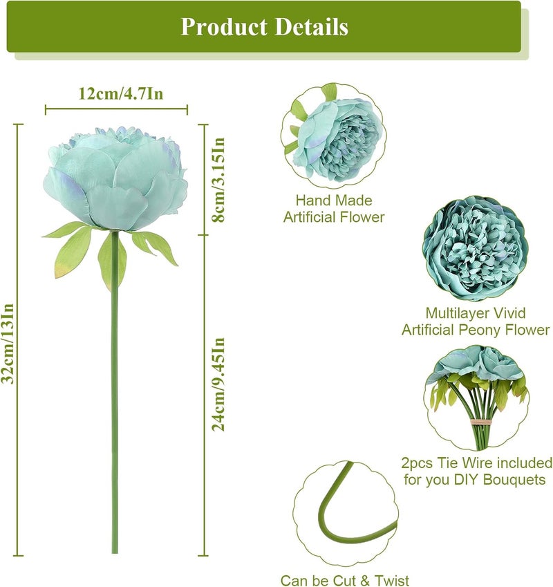 U'Artlines 10 Heads Artificial Peony Silk Flower Leaf Home Office Wedding Party Festival Bar Decor (Teal) - Image 2