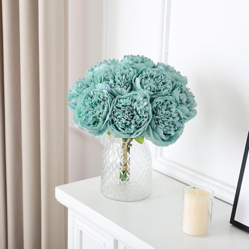 U'Artlines 10 Heads Artificial Peony Silk Flower Leaf Home Office Wedding Party Festival Bar Decor (Teal) - Image 5