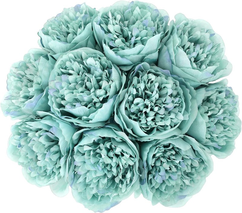 U'Artlines 10 Heads Artificial Peony Silk Flower Leaf Home Office Wedding Party Festival Bar Decor (Teal) - Image 1