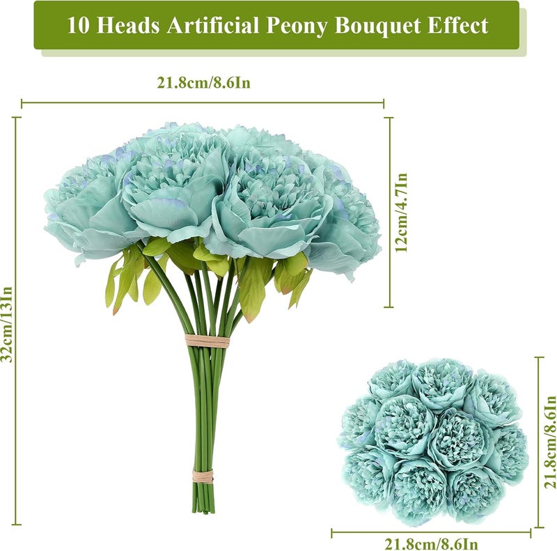 U'Artlines 10 Heads Artificial Peony Silk Flower Leaf Home Office Wedding Party Festival Bar Decor (Teal) - Image 3
