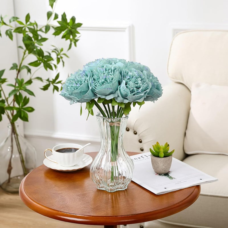 U'Artlines 10 Heads Artificial Peony Silk Flower Leaf Home Office Wedding Party Festival Bar Decor (Teal) - Image 4