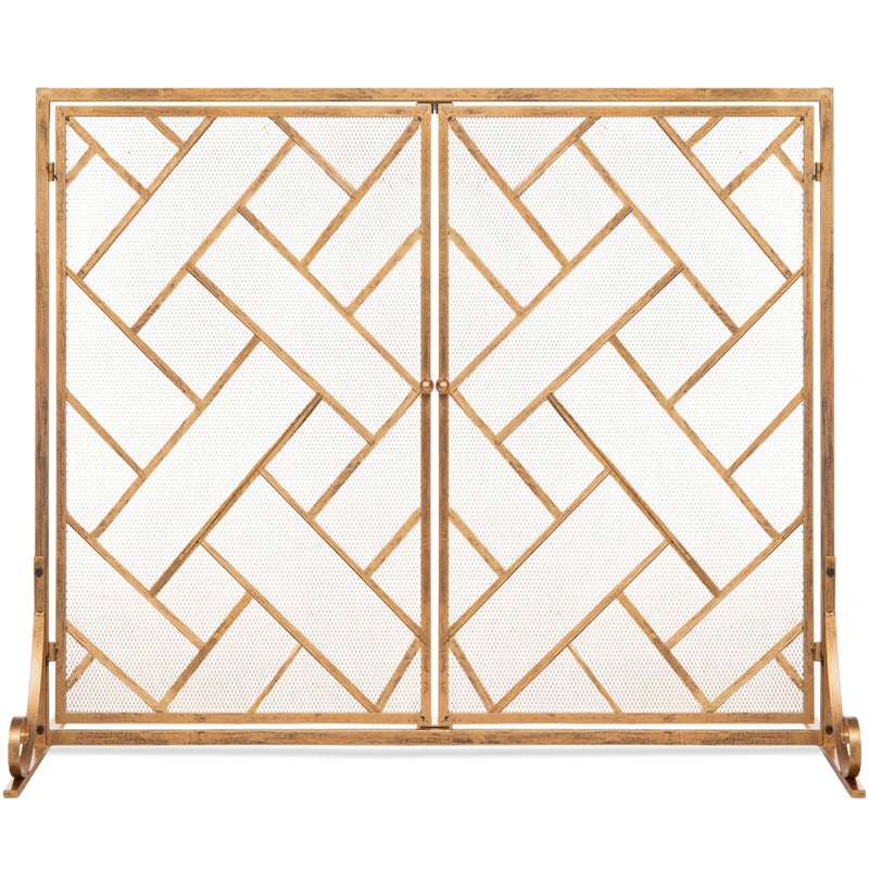 Best Choice Products Best Choice Products 44x33in 2Panel Handcrafted Wrought Iron Decorative Mesh Geometric Fireplace Screen Fire Spark Guard wMagnetic Doors  Gold 