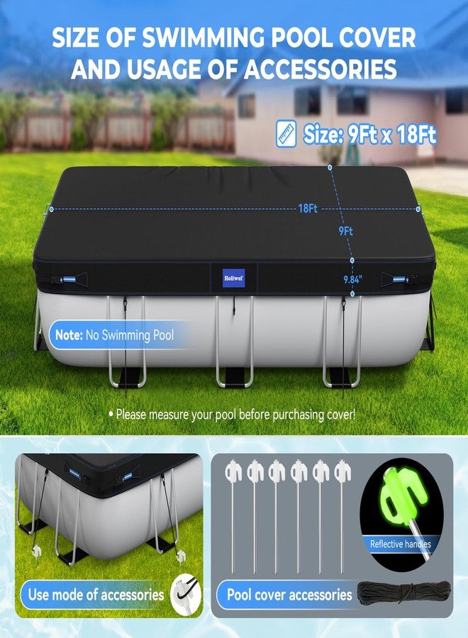 Holiwei 9x18 Ft Rectangular Pool Cover with Reflective Strips for Above Ground Pool, 420D Swimming Pool Cover for Rectangular or Oval Frame Pools, Solar Cover with Drawstring and Ground Nails - Image 2