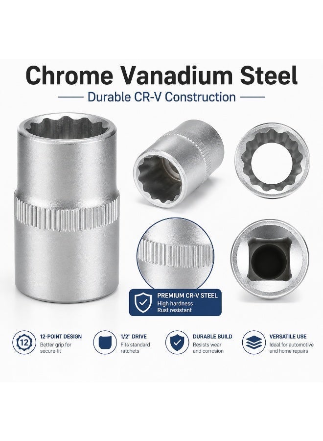 13mm 12 Point Small Socket, 1/2 Inch Square Drive Chrome Vanadium Steel CR-V Socket Wrench Tool for Ratchet, Breaker Bar and Automotive Repair - Image 4