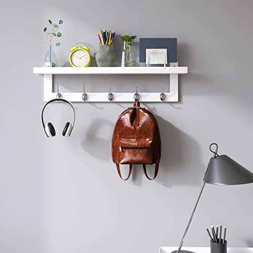 SMIBUY Coat Hooks with Shelf WallMounted 292 Inch Entryway Coat Rack for Wall Bamboo Hanging Shelf with 5 Double Metal Hooks for Bathroom Bedroom Kitchen Living Room Mudroom White - Image 3