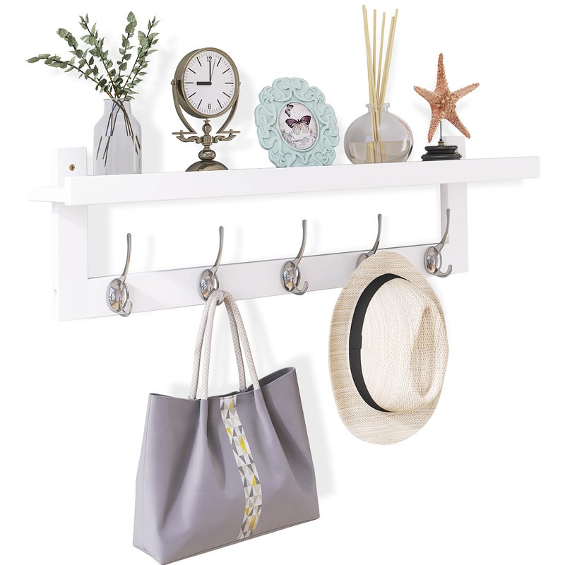 SMIBUY Coat Hooks with Shelf WallMounted 292 Inch Entryway Coat Rack for Wall Bamboo Hanging Shelf with 5 Double Metal Hooks for Bathroom Bedroom Kitchen Living Room Mudroom White - Image 2