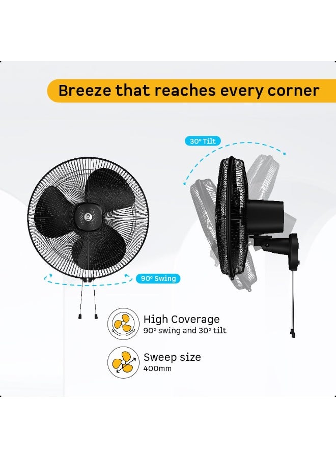 atomberg Renesa 400mm Wall Mount Fan | 5-star rated | Ideal for Home & Office | Silent BLDC Fan | 6 Speeds | 35W | Remote with Oscillation, Timer, Sleep | 2 Years Warranty (Midnight Black) - Image 2