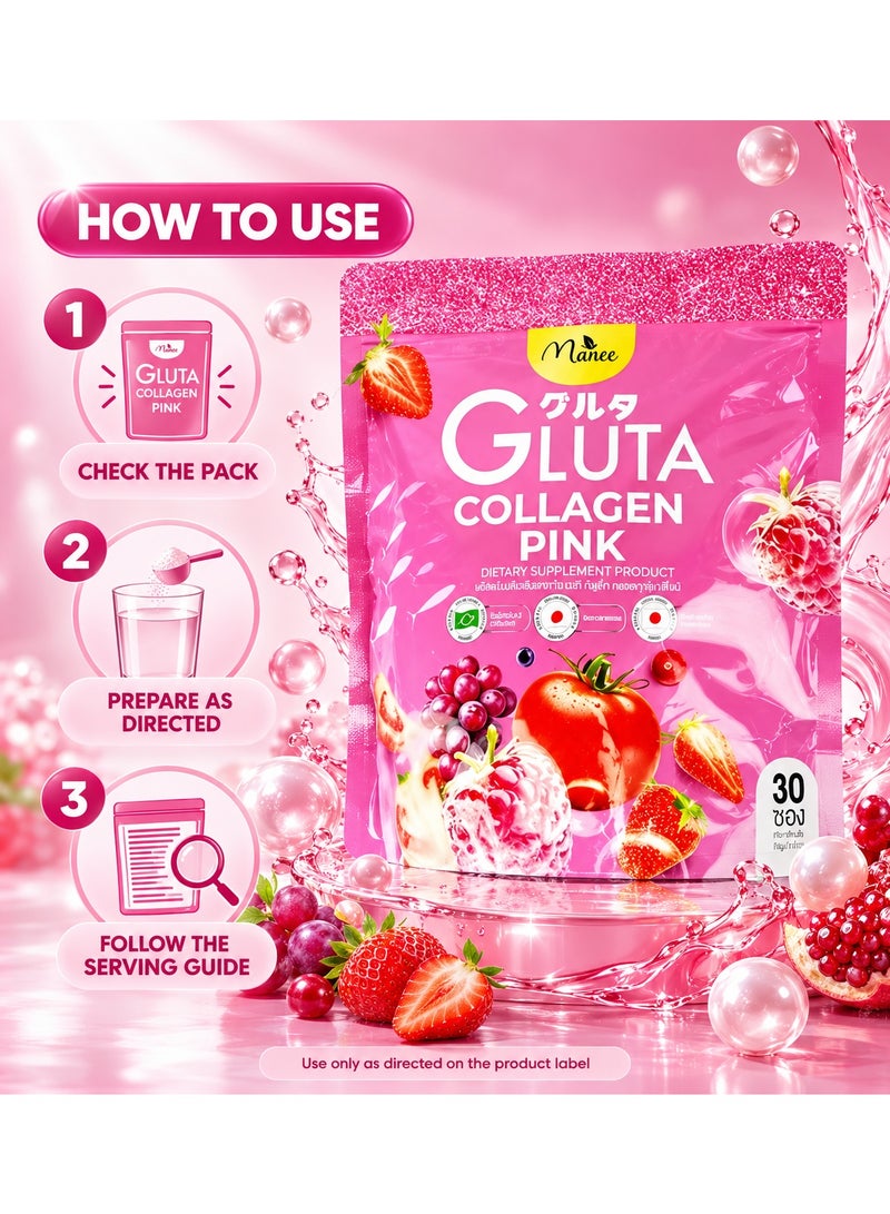 Manee Gluta Collagen Pink Beauty Drink – Skin Glow Collagen Powder with Glutathione & Antioxidants | Hydration, Elasticity & Hair Nail Support | 30 Sachets - Image 2