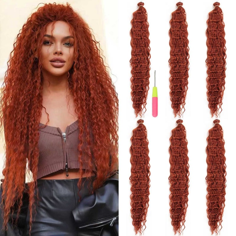 Ocean Wave Crochet Hair Extension Copper Curly Braiding Crochet Hair Synthetic Deep Wave Crochet Hair Extensions 22 inch 6packs 350 Copper Red