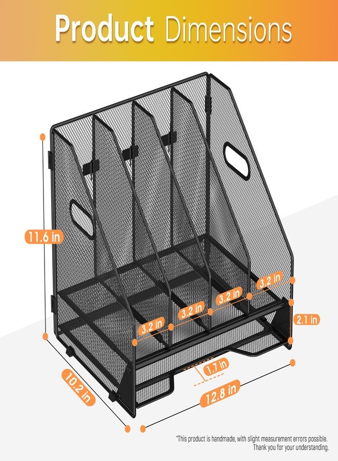 Docnest Desk File Holder Sorter, 4 Vertical Compartments Rack with Letter Tray, Mesh Magazine File Holder with Handle,Workspace Organizers,Desk Organizers for Paper, Mail, Documents-Black - Image 3