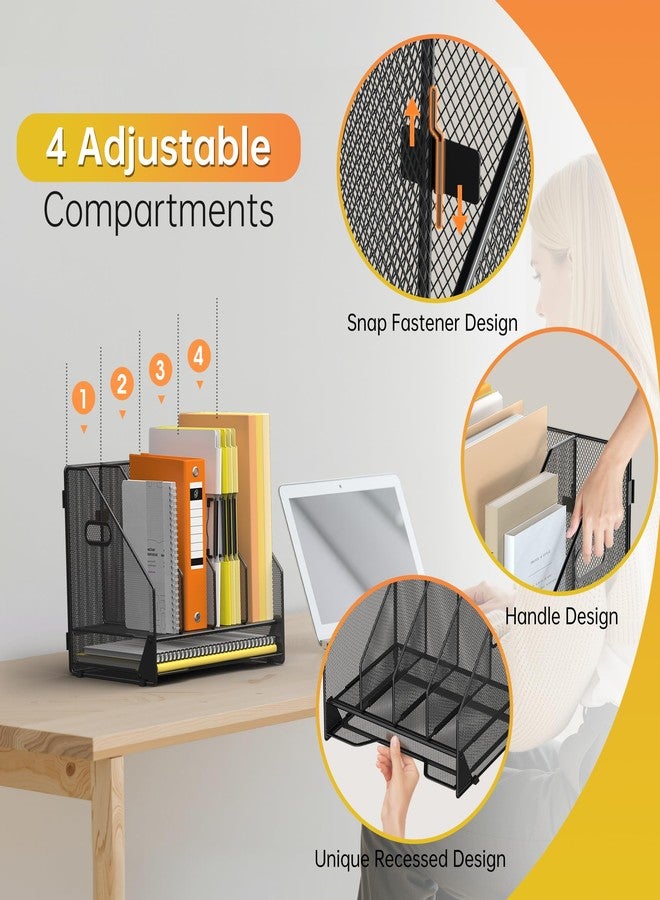 Docnest Desk File Holder Sorter, 4 Vertical Compartments Rack with Letter Tray, Mesh Magazine File Holder with Handle,Workspace Organizers,Desk Organizers for Paper, Mail, Documents-Black - Image 4