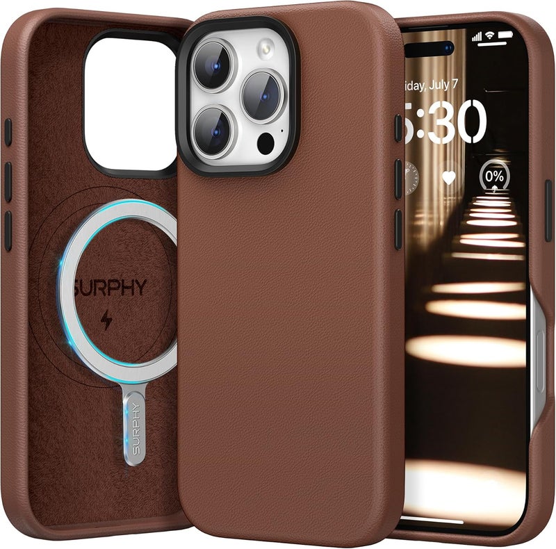 SURPHY Designed for iPhone 16 Pro Max Leather Case, Compatible with MagSafe Wireless Charging Faux Leather Case with Metallic Buttons and Microfiber Lining for 16 Pro Max 6.9 inch 2024, Brown - Image 1