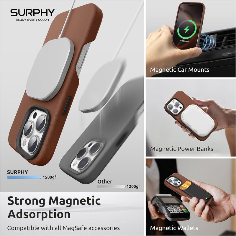 SURPHY Designed for iPhone 16 Pro Max Leather Case, Compatible with MagSafe Wireless Charging Faux Leather Case with Metallic Buttons and Microfiber Lining for 16 Pro Max 6.9 inch 2024, Brown - Image 3
