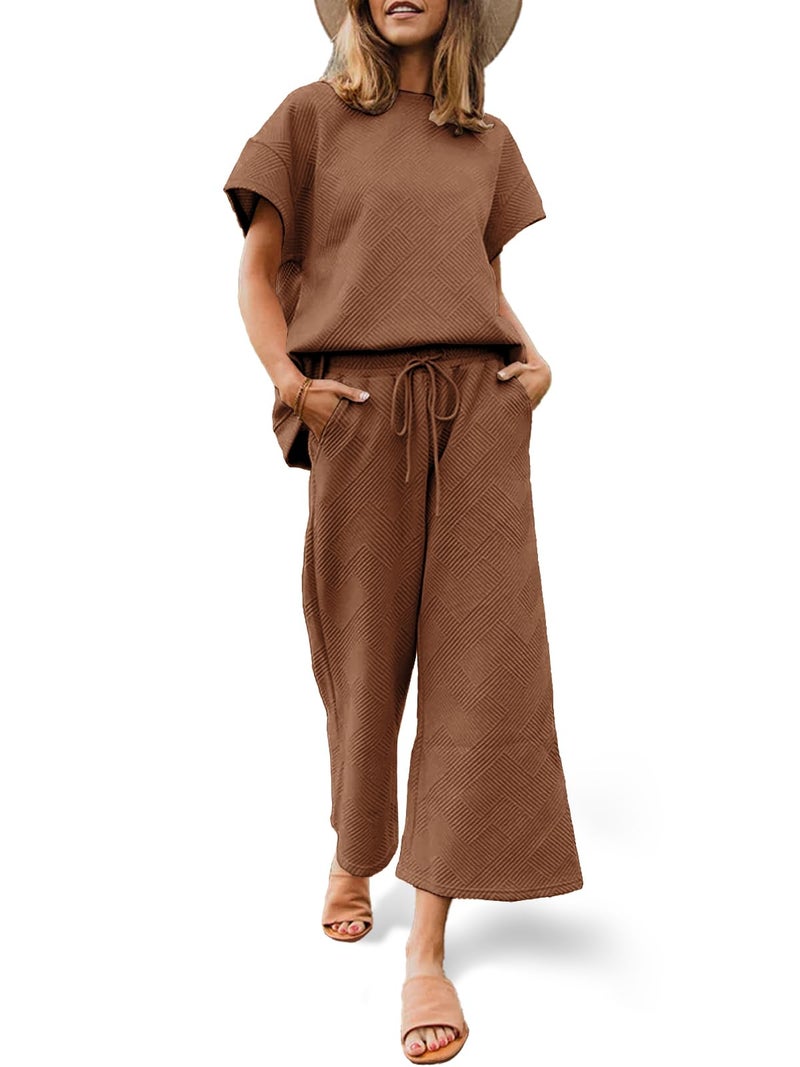 Fazortev Womens 2 Piece Outfits Sweatsuit Short Sleeve Tops and Drawstring Waist Cropped Wide Leg Pants Loungewear Sets - Image 1