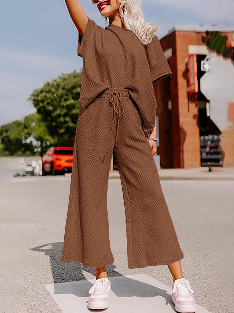 Fazortev Womens 2 Piece Outfits Sweatsuit Short Sleeve Tops and Drawstring Waist Cropped Wide Leg Pants Loungewear Sets - Image 4