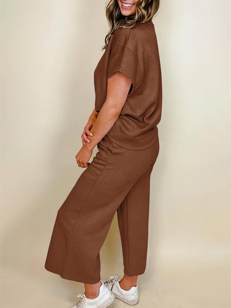 Fazortev Womens 2 Piece Outfits Sweatsuit Short Sleeve Tops and Drawstring Waist Cropped Wide Leg Pants Loungewear Sets - Image 2