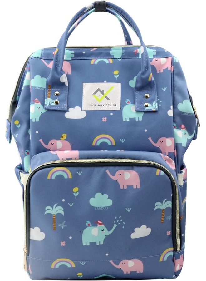 هاوس أوف كويرك حقيبة ظهر لحمل حفاضات الأطفال من هاوس أوف كويرك للجنسين (مطبوعة بفيل أزرق) - Image 1
