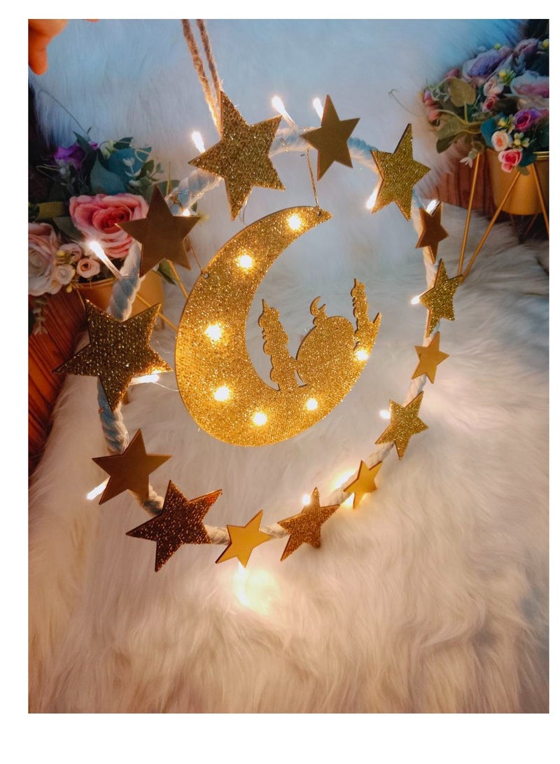 BAIG Lantern With LED Light String Top Star and Moon lights Top Ramadan kareem Eid Wedding Decor LED Lighted Cylinder Decoration - Image 4