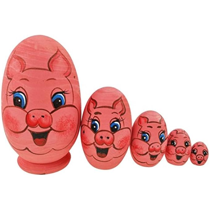 SET OF 5 CUTE EGG SHAPE ANIMAL THEME PINK PIG STACKING TOY RUSSIAN DOLL HANDMADE NESTING DOLL FOR KIDS TOY BIRTHDAY CHRISTMAS EASTER GIFT - Image 1
