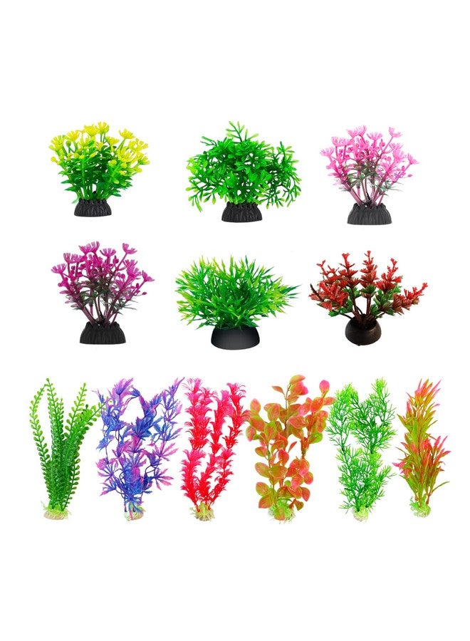 Aquarium Plastic Plants Combo Of (8Inch Plant + 2Inch Plant) For Fish Tank Ornaments Freshwater & Saltwater Décor Resin Base Artificial Plants (Multicolor) (2 Set Of 6-In-1 Plants) - Image 1