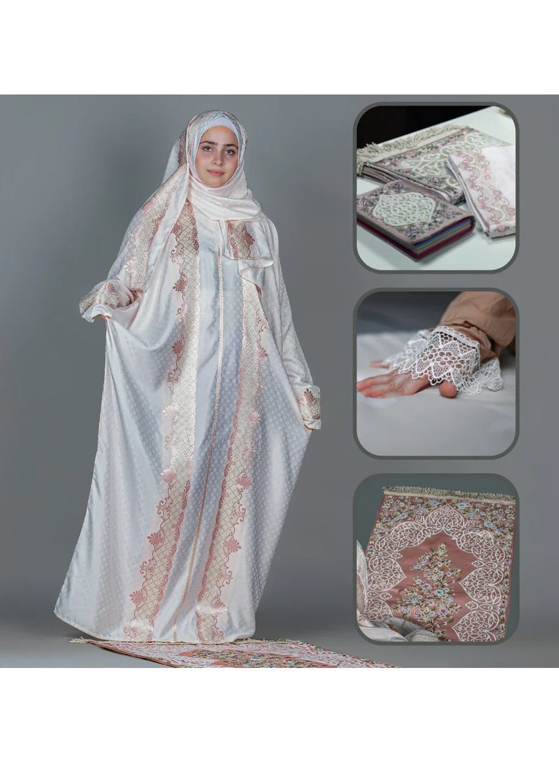 سندس مجموعة الصلاة ثوب الصلاة  وسجادة وغطاء مصحف للبنات مقاس كبير  لون زهري هدية رمضان - Image 2