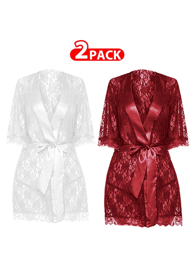 MARGOUN 2 Pack Womens Small Size Robes Babydoll Robe Transparent Lace Deep V-Neck Short Lingerie Sleepwear Soft Kimono Bathrobe Dressing Gown Nightwear /S(bust 80-84/waist 64-68/hip 88-92) - Image 1
