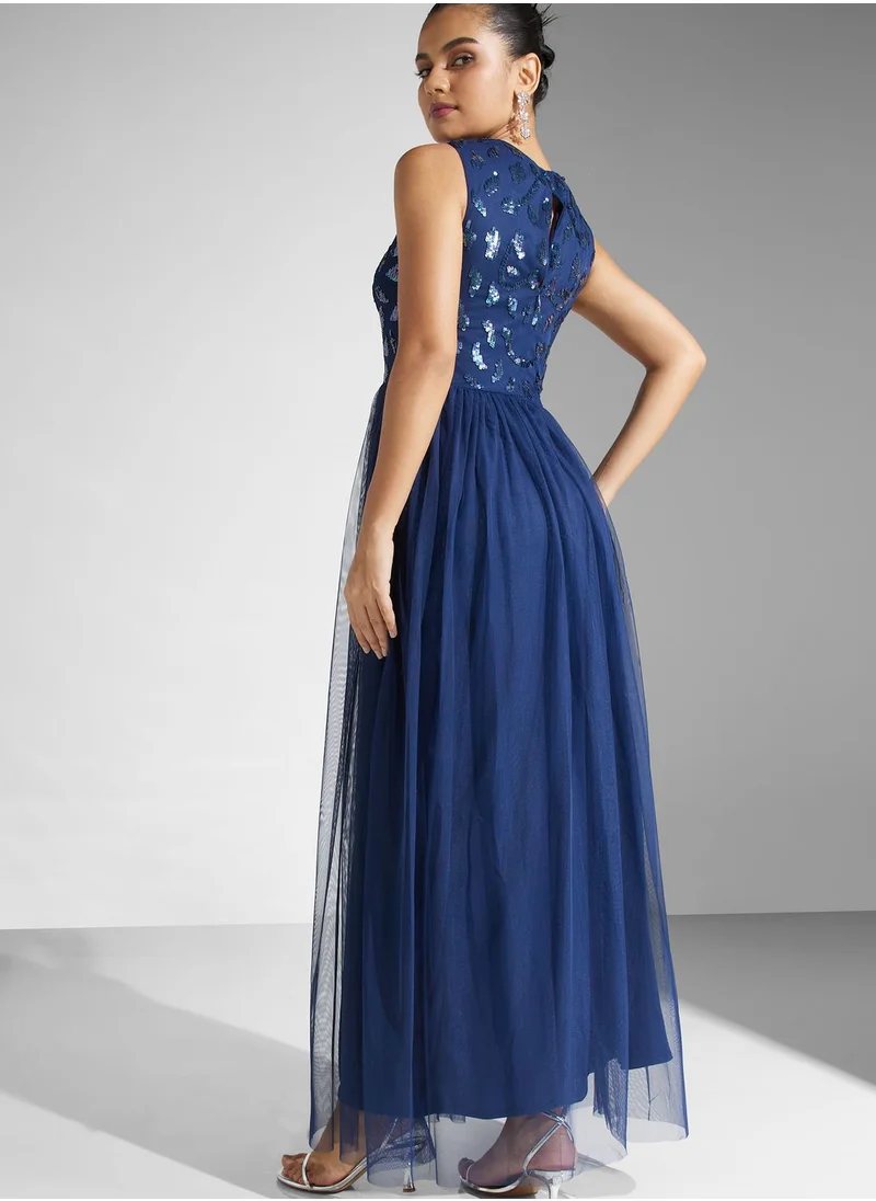Lace and Beads Sequin Mesh Tiered Dress