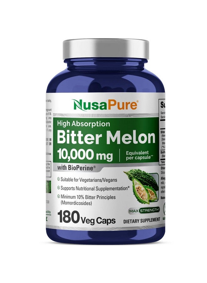 NusaPure Bitter Melon Extract 10,000 mg 180 Vegan Caps (100% Vegetarian, Non-GMO, Gluten-Free, 10% Bitter Principles) Bioperine - Image 1