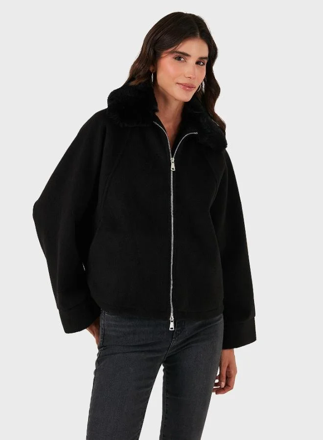 ليلا معطف شتوي نسائي من مزيج القطن بياقة فرو وأكمام خفاش من الكشمير