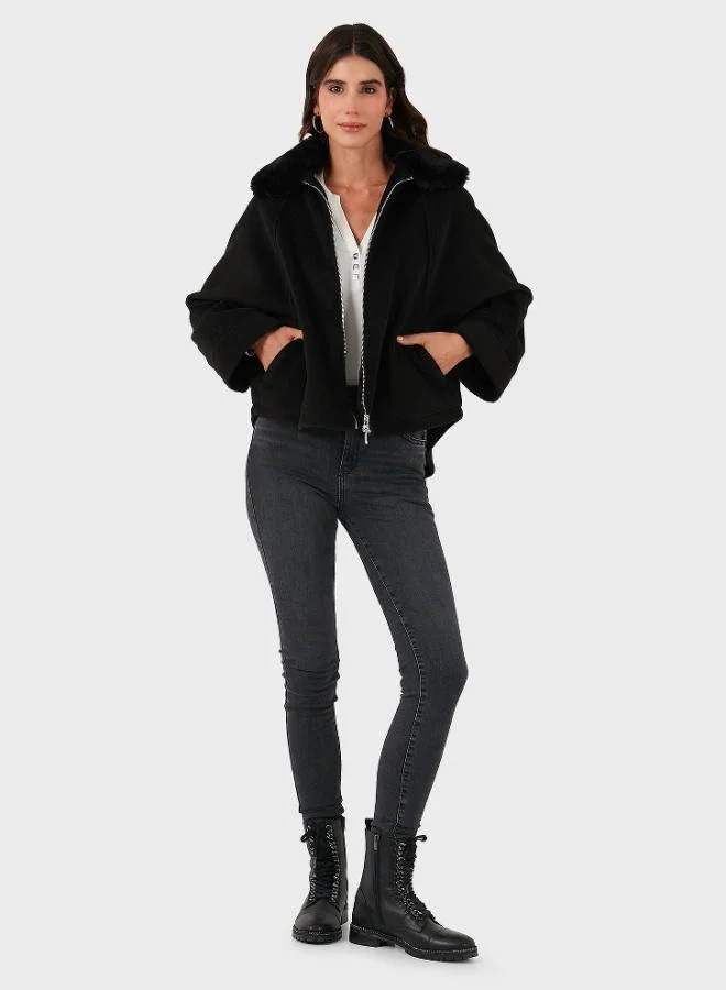 ليلا معطف شتوي نسائي من مزيج القطن بياقة فرو وأكمام خفاش من الكشمير