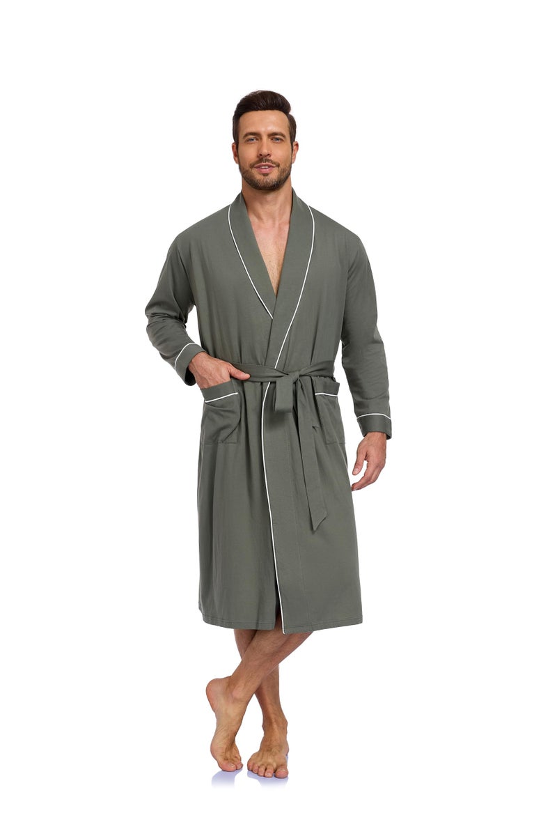 COLORFULLEAF Mens Robe Lightweight 100% Cotton Bathrobe Knit Long Sleeve Kimono Robe with Pockets (Army Green, XL) - Image 4