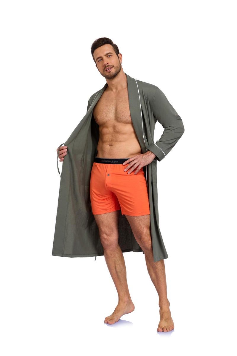 COLORFULLEAF Mens Robe Lightweight 100% Cotton Bathrobe Knit Long Sleeve Kimono Robe with Pockets (Army Green, XL) - Image 2