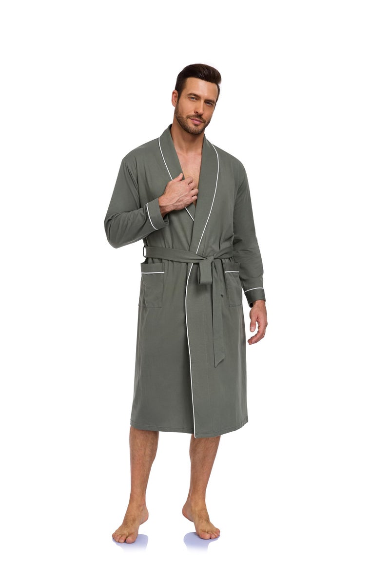 COLORFULLEAF Mens Robe Lightweight 100% Cotton Bathrobe Knit Long Sleeve Kimono Robe with Pockets (Army Green, XL) - Image 3