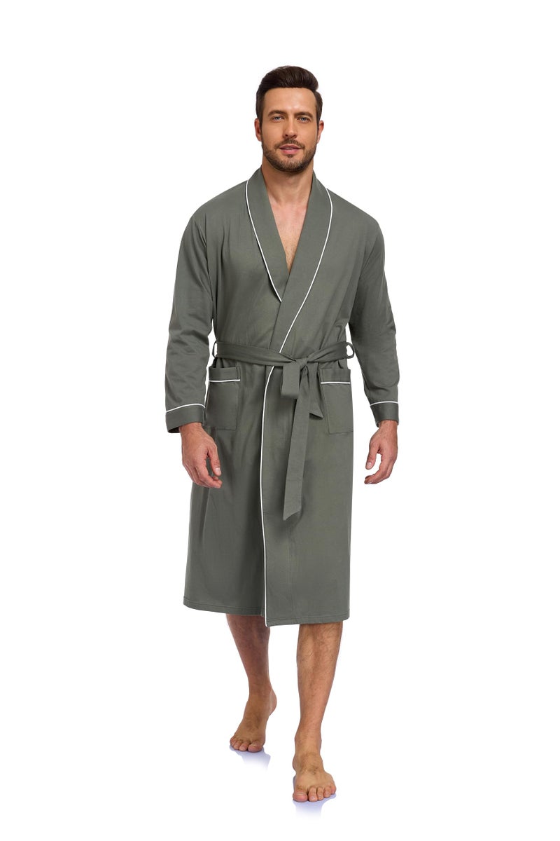 COLORFULLEAF Mens Robe Lightweight 100% Cotton Bathrobe Knit Long Sleeve Kimono Robe with Pockets (Army Green, XL) - Image 5