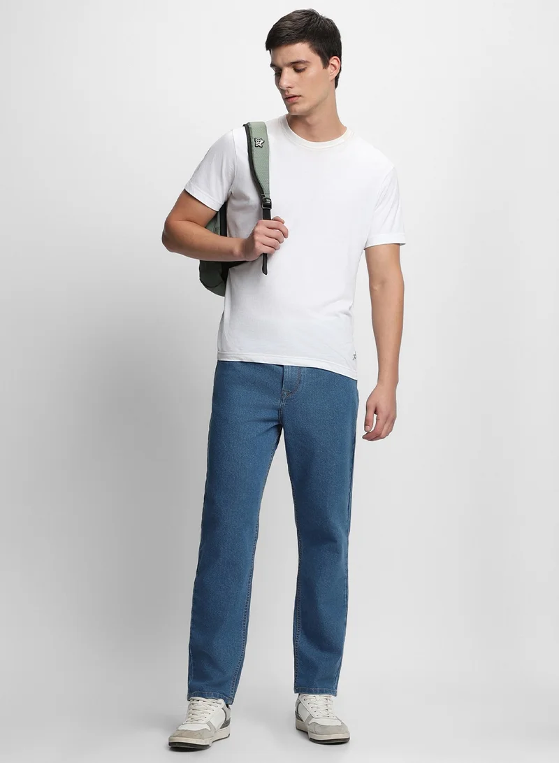 دينيس لينغو جينز قطن بولي ستريتش مستقيم للرجال بلون نيلي مع إغلاق بأزرار وسحاب