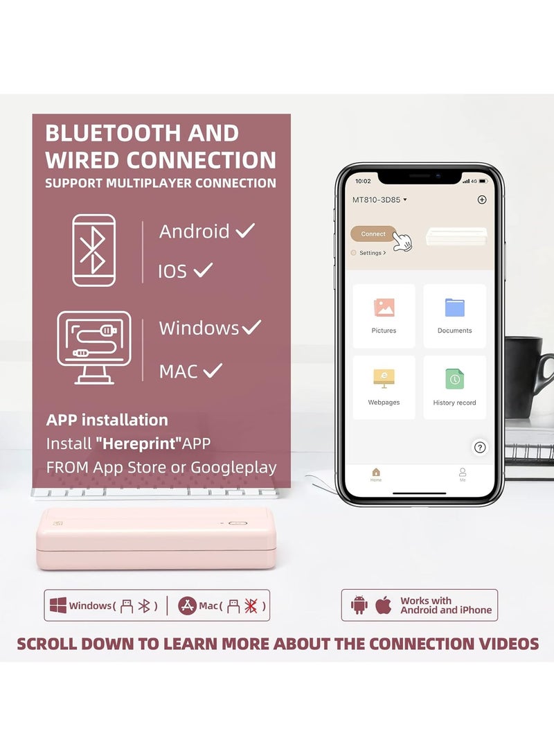 اتش بي ار تي طابعات سفر محمولة MT810 - طابعة حرارية مدمجة للاستخدام المنزلي بدون حبر - لفة ورق طباعة محمولة للسيارة والمكتب - طابعة بلوتوث لاسلكية متوافقة مع جوالات اي او اس واندرويد واللاب توب - Image 4