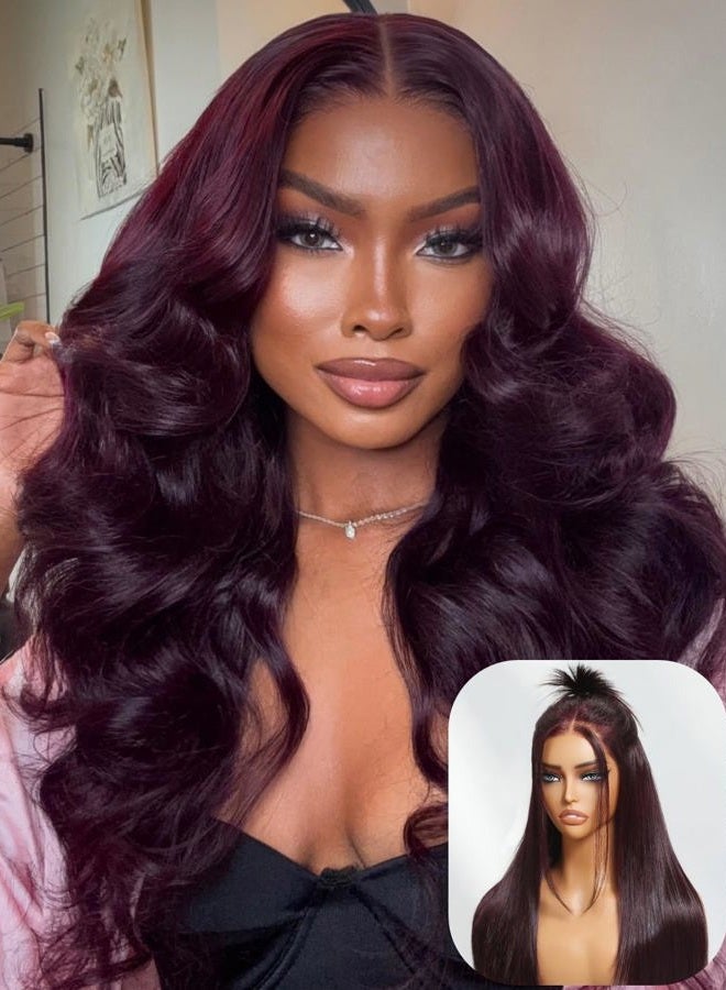 Unice Bye Knots 7X5 Pre Cut Lace Front Glueless Wig Black Cherry Layered Straight Human Hair Put On And Go Plucked Natural Hairline Bleached Invisible 180% Density 24 Inch - Image 1