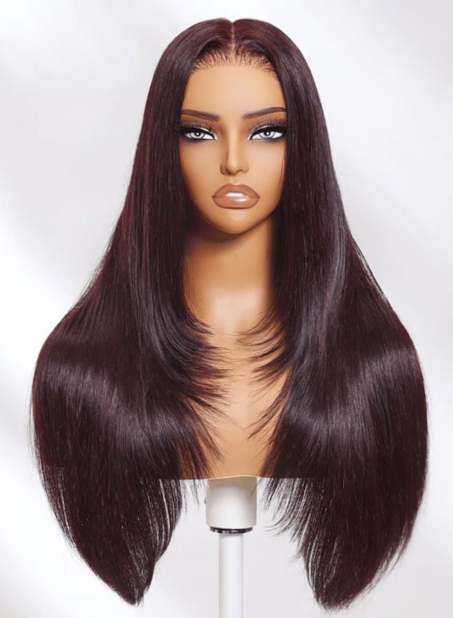Unice Bye Knots 7X5 Pre Cut Lace Front Glueless Wig Black Cherry Layered Straight Human Hair Put On And Go Plucked Natural Hairline Bleached Invisible 180% Density 24 Inch - Image 5