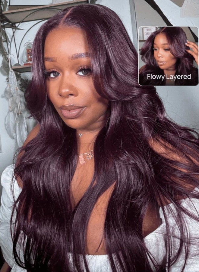 Unice Bye Knots 7X5 Pre Cut Lace Front Glueless Wig Black Cherry Layered Straight Human Hair Put On And Go Plucked Natural Hairline Bleached Invisible 180% Density 24 Inch - Image 3