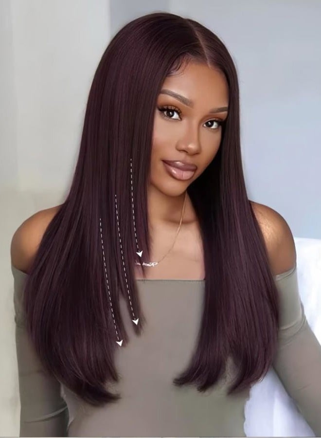 Unice Bye Knots 7X5 Pre Cut Lace Front Glueless Wig Black Cherry Layered Straight Human Hair Put On And Go Plucked Natural Hairline Bleached Invisible 180% Density 24 Inch - Image 2