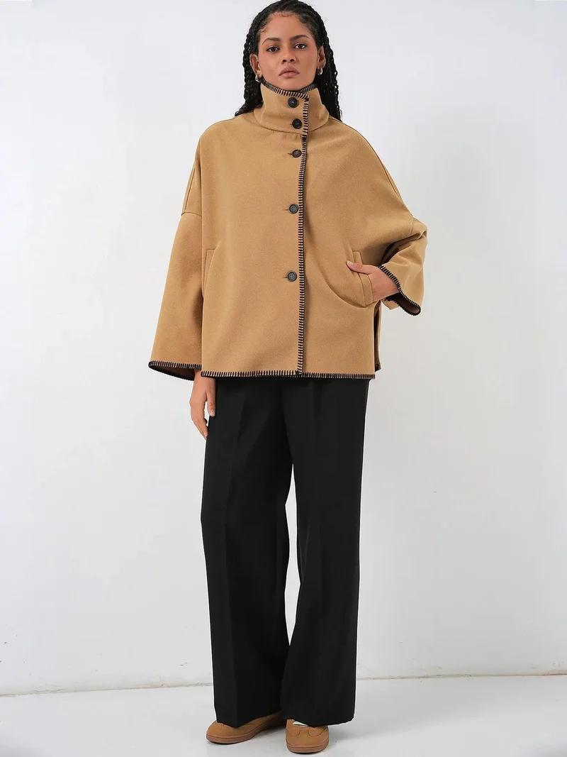 BIG DART BDART Textured Topstitch Detailed Jacket with Half Turtleneck