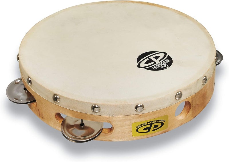 Latin Percussion CP378 8" Wood Tambourine with Head and Single Row Jingles - Image 1