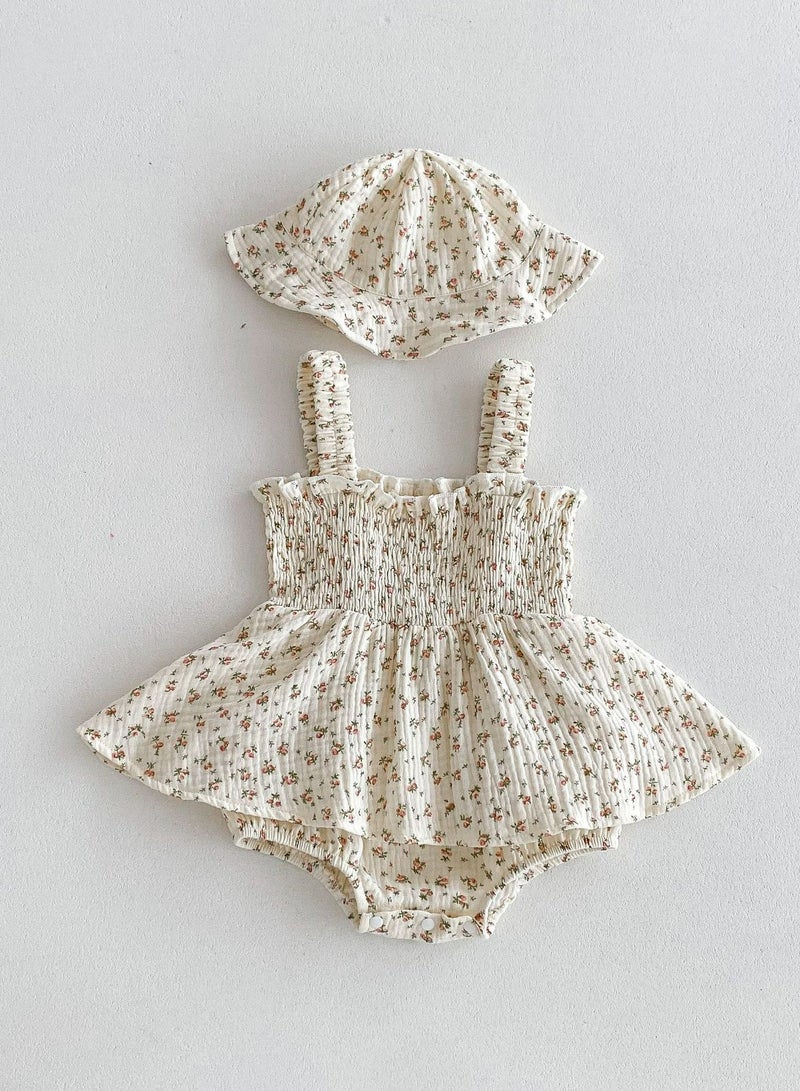 Baby Clothes, Floral Skirt, Female Baby Sleeveless Bag Fart Clothes, Crawling Clothes, Jumpsuit, Hat Included - Image 1