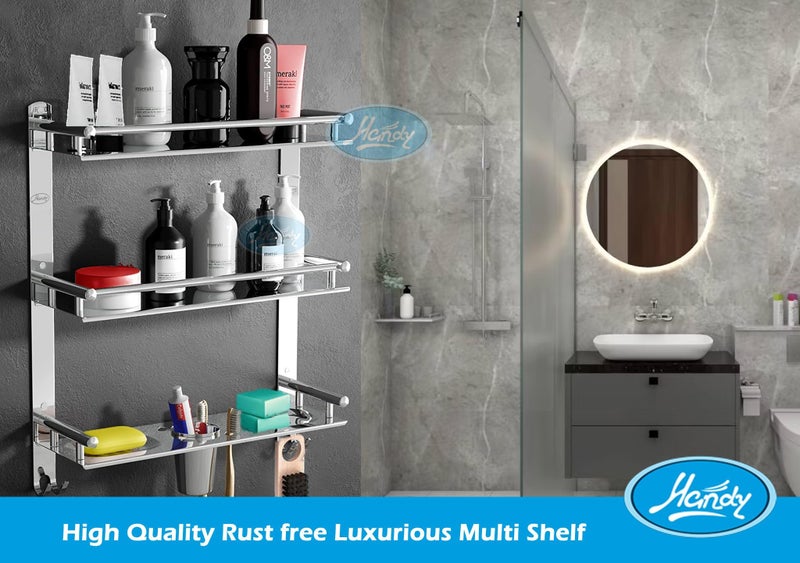 HANDY Bathroom Accessories 3 Layer Stainless Steel Bathroom Shelf with 2 Soap Case 1 Toothbrush Holder and Hook - Image 2