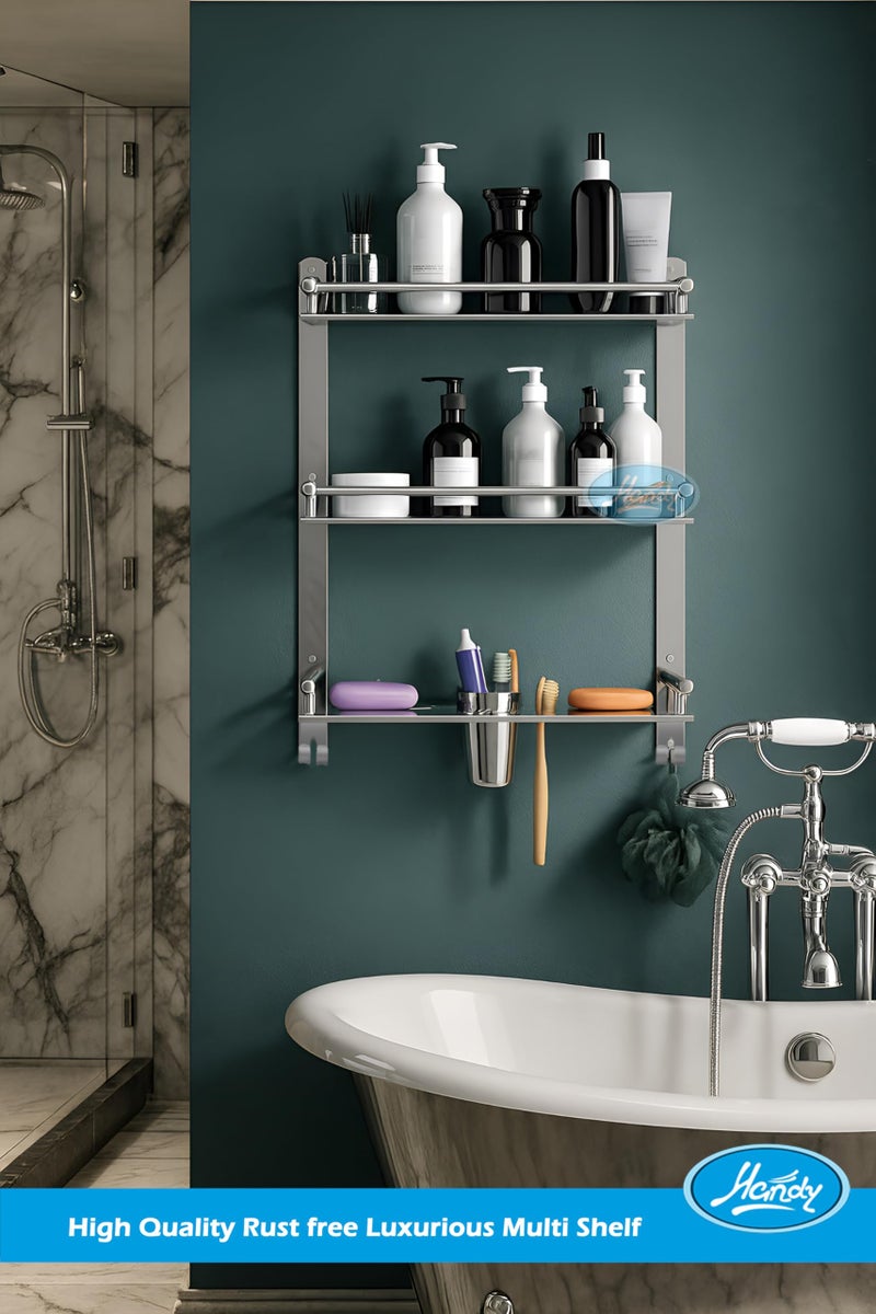 HANDY Bathroom Accessories 3 Layer Stainless Steel Bathroom Shelf with 2 Soap Case 1 Toothbrush Holder and Hook - Image 4