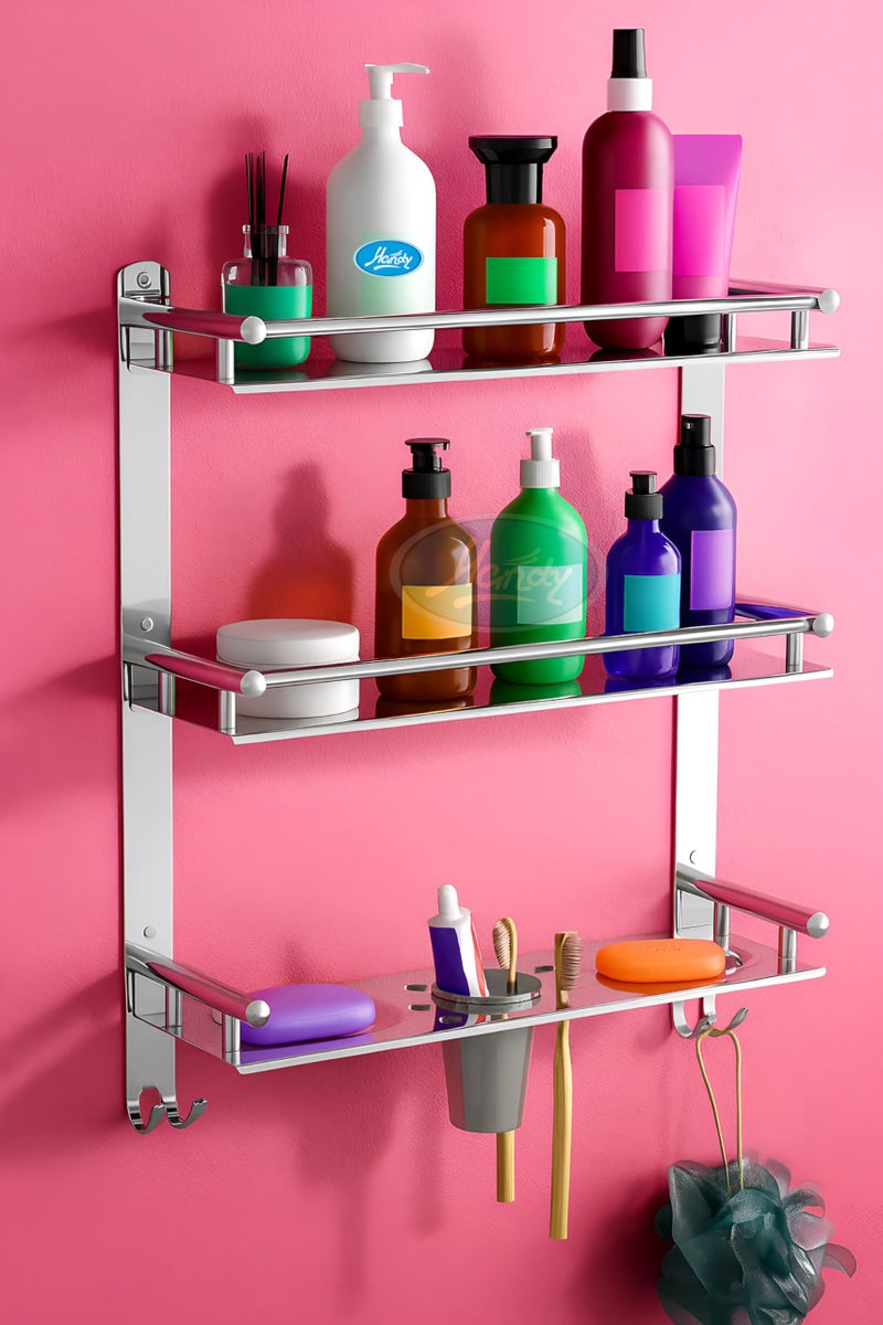 HANDY Bathroom Accessories 3 Layer Stainless Steel Bathroom Shelf with 2 Soap Case 1 Toothbrush Holder and Hook - Image 1