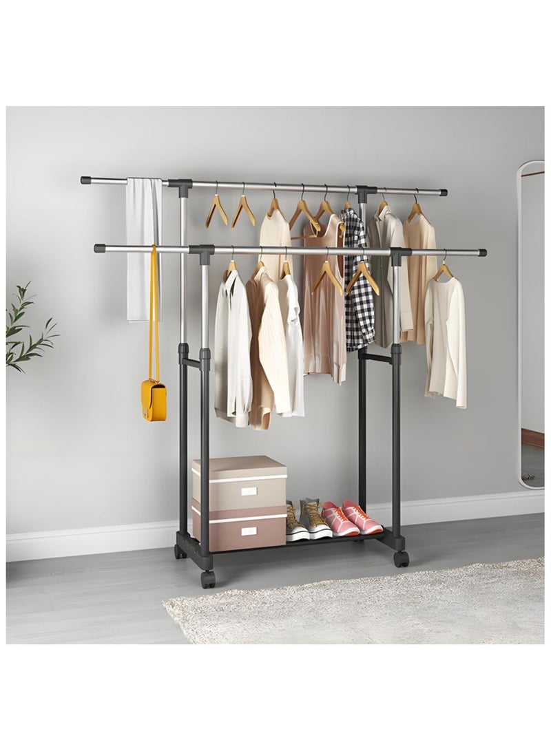 Double Rod Clothes Rack Multipurpose Clothing Garment Rack with Bottom Shelves, Rolling Hanging Clothes Rack Adjustable Height and Length, Portable Wardrobe Rack or Bedroom Laundry (Black)