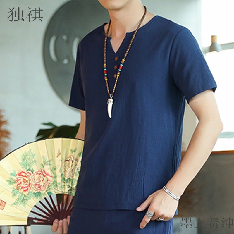 Factory direct summer new cotton and linen Chinese style simple men's T-shirt wholesale short sleeve plus size loose sports T-shirt - Image 2