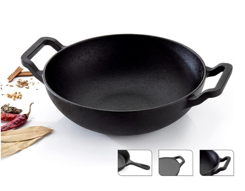 SQUICKLE SQUICKLE Premium Flat Base Cast Iron KadaiBlack Iron Kadhai WokDeep Bottom Kadai for CookingKitchen Cooking Accessories 8 Inch - Image 1